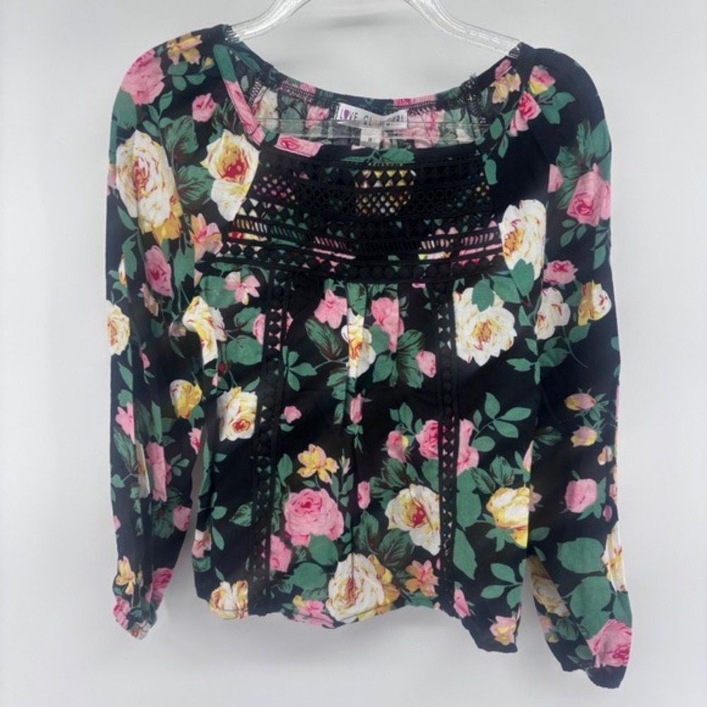 Love Glam Girl Floral Print Top Black Pink Yellow Long Sleeve Boho Blouse‎